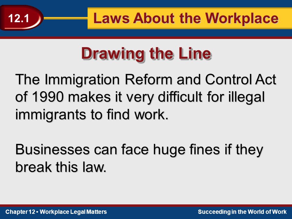 Chapter 12 Workplace Legal MattersSucceeding in the World of Work Laws About the Workplace 12.1 The Immigration Reform and Control Act of 1990 makes it very difficult for illegal immigrants to find work.