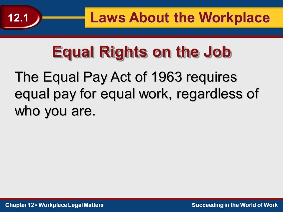 Chapter 12 Workplace Legal MattersSucceeding in the World of Work Laws About the Workplace 12.1 The Equal Pay Act of 1963 requires equal pay for equal work, regardless of who you are.