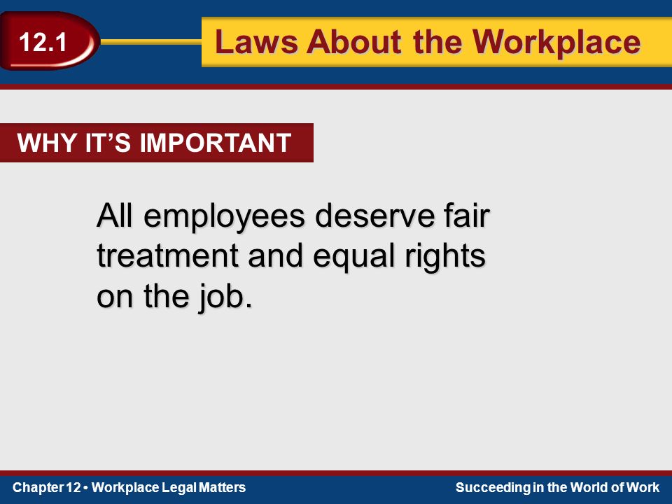 Chapter 12 Workplace Legal MattersSucceeding in the World of Work Laws About the Workplace 12.1 All employees deserve fair treatment and equal rights on the job.