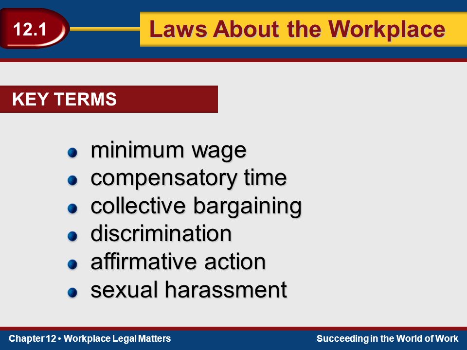 Chapter 12 Workplace Legal MattersSucceeding in the World of Work Laws About the Workplace 12.1 minimum wage compensatory time collective bargaining discrimination affirmative action sexual harassment KEY TERMS
