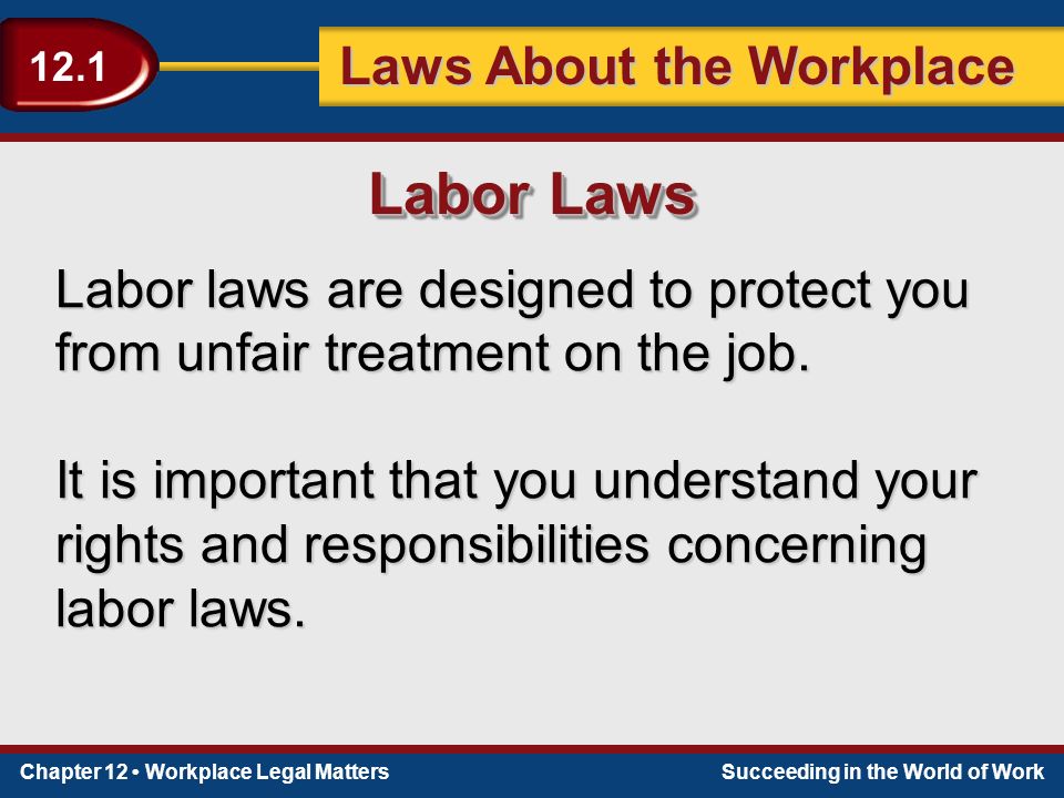 Chapter 12 Workplace Legal MattersSucceeding in the World of Work Laws About the Workplace 12.1 Labor laws are designed to protect you from unfair treatment on the job.