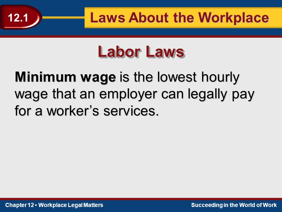 Chapter 12 Workplace Legal MattersSucceeding in the World of Work Laws About the Workplace 12.1 Minimum wage is the lowest hourly wage that an employer can legally pay for a worker’s services.