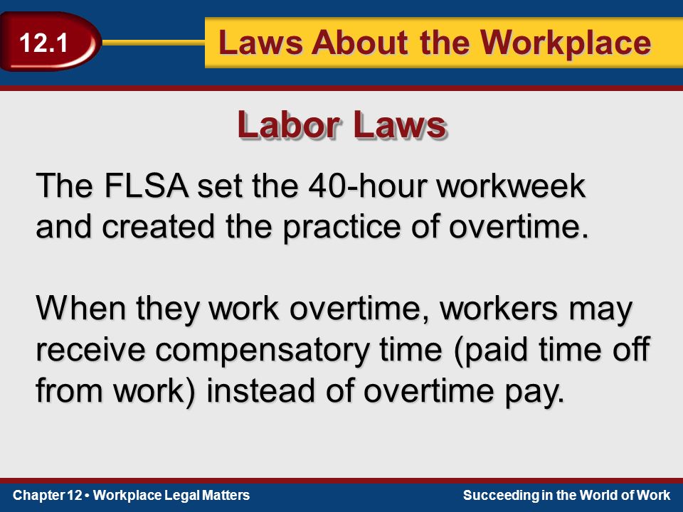 Chapter 12 Workplace Legal MattersSucceeding in the World of Work Laws About the Workplace 12.1 The FLSA set the 40-hour workweek and created the practice of overtime.