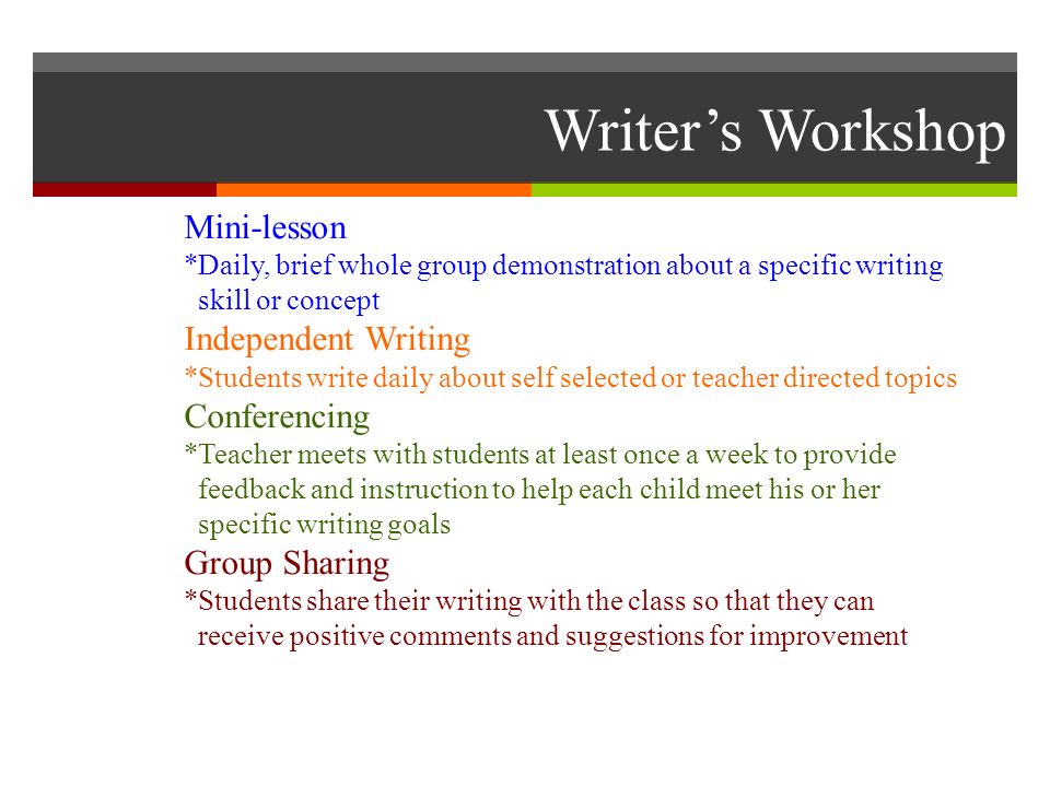 Writer’s Workshop Mini-lesson *Daily, brief whole group demonstration about a specific writing skill or concept Independent Writing *Students write daily about self selected or teacher directed topics Conferencing *Teacher meets with students at least once a week to provide feedback and instruction to help each child meet his or her specific writing goals Group Sharing *Students share their writing with the class so that they can receive positive comments and suggestions for improvement