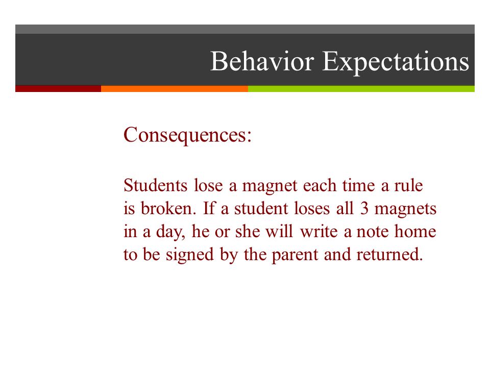 Behavior Expectations Consequences: Students lose a magnet each time a rule is broken.