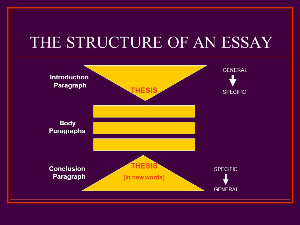 THE STRUCTURE OF AN ESSAY GENERAL Introduction Paragraph SPECIFIC Body Paragraphs Conclusion SPECIFIC Paragraph GENERAL THESIS (in new words)
