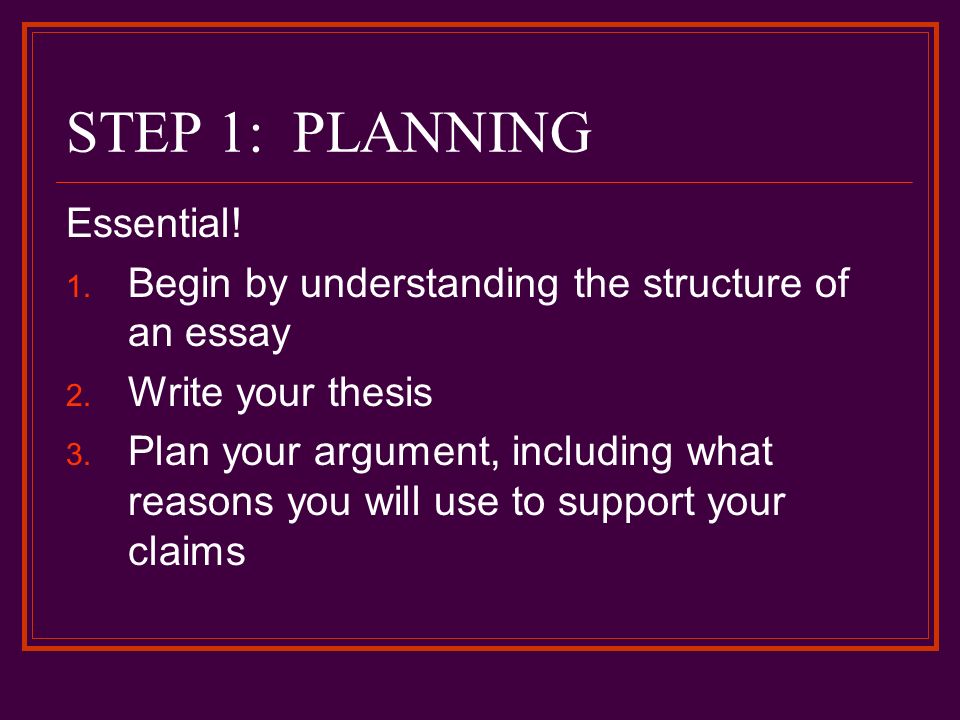 STEP 1: PLANNING Essential. 1. Begin by understanding the structure of an essay 2.