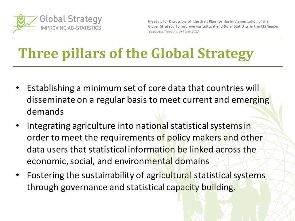 Three pillars of the Global Strategy Establishing a minimum set of core data that countries will disseminate on a regular basis to meet current and emerging demands Integrating agriculture into national statistical systems in order to meet the requirements of policy makers and other data users that statistical information be linked across the economic, social, and environmental domains Fostering the sustainability of agricultural statistical systems through governance and statistical capacity building.