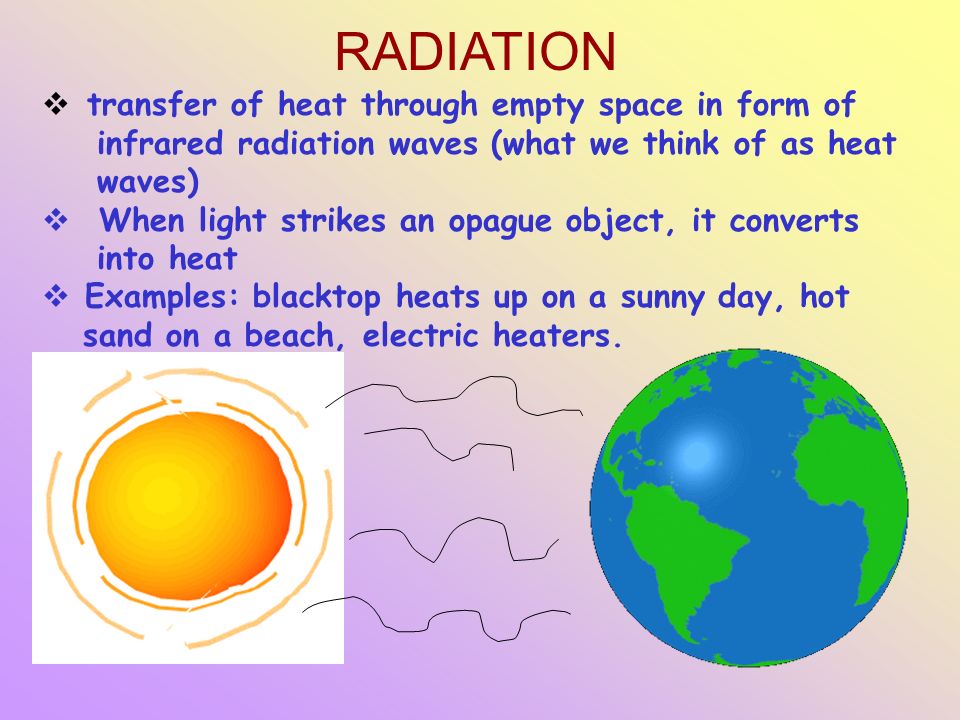 RADIATION  transfer of heat through empty space in form of infrared radiation waves (what we think of as heat waves)  When light strikes an opague object, it converts into heat  Examples: blacktop heats up on a sunny day, hot sand on a beach, electric heaters.