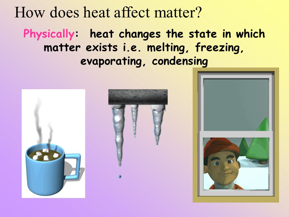 How does heat affect matter. Physically: heat changes the state in which matter exists i.e.