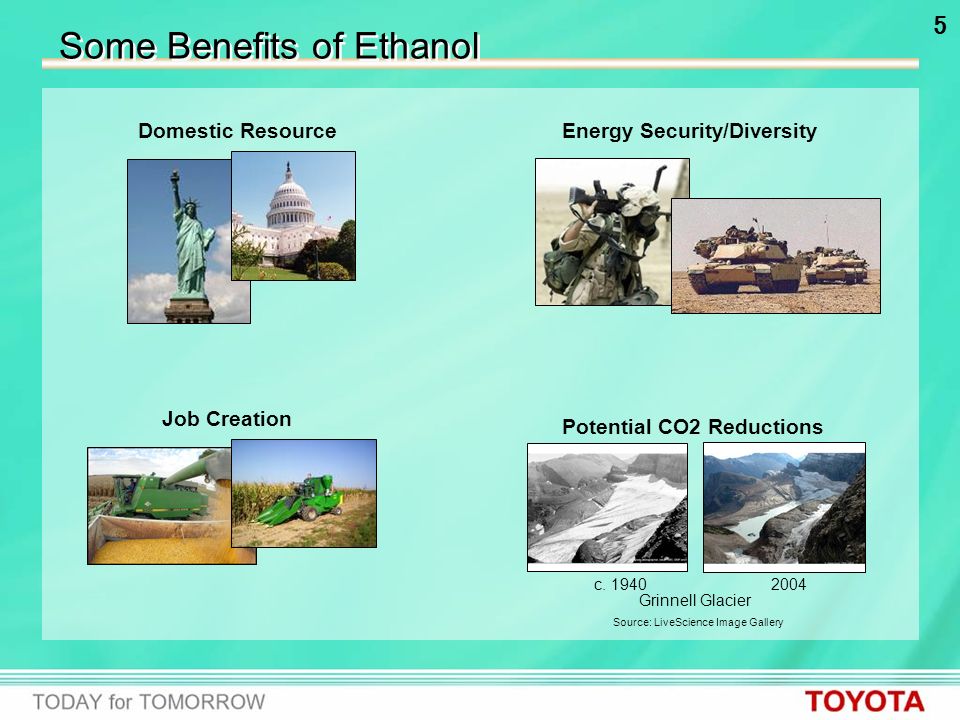 5 Some Benefits of Ethanol Domestic Resource Job Creation Energy Security/Diversity Potential CO2 Reductions Source: LiveScience Image Gallery Grinnell Glacier c.
