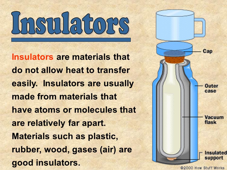 Insulators are materials that do not allow heat to transfer easily.
