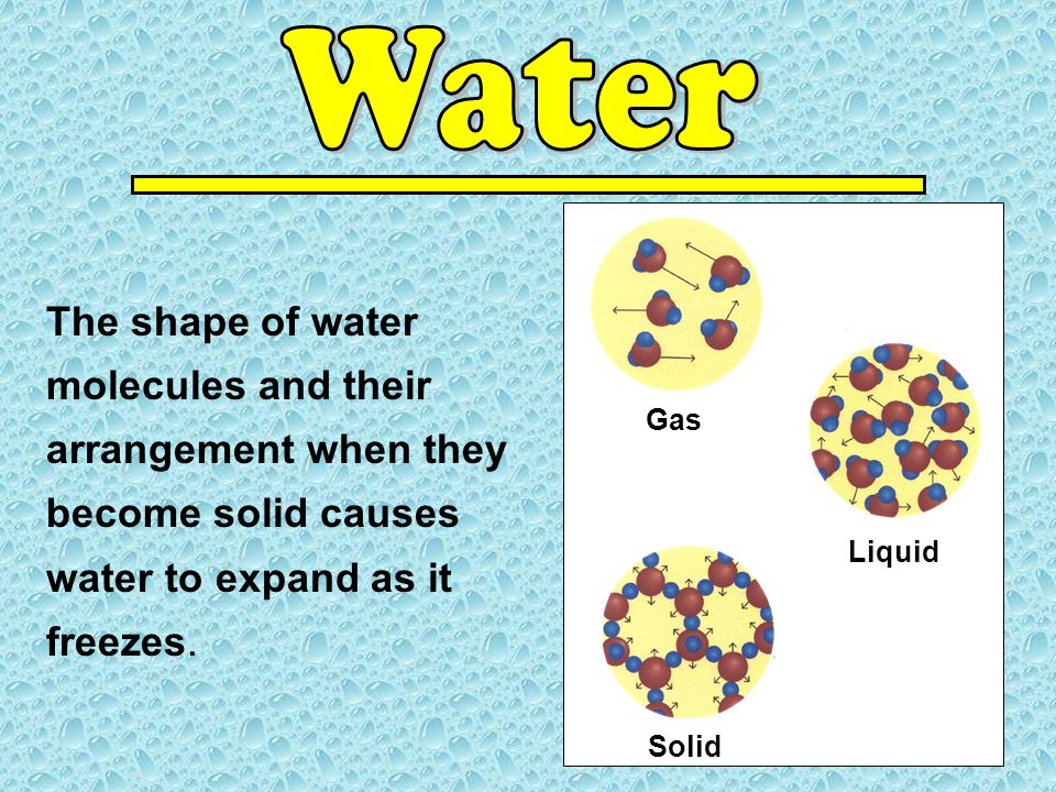 The shape of water molecules and their arrangement when they become solid causes water to expand as it freezes.