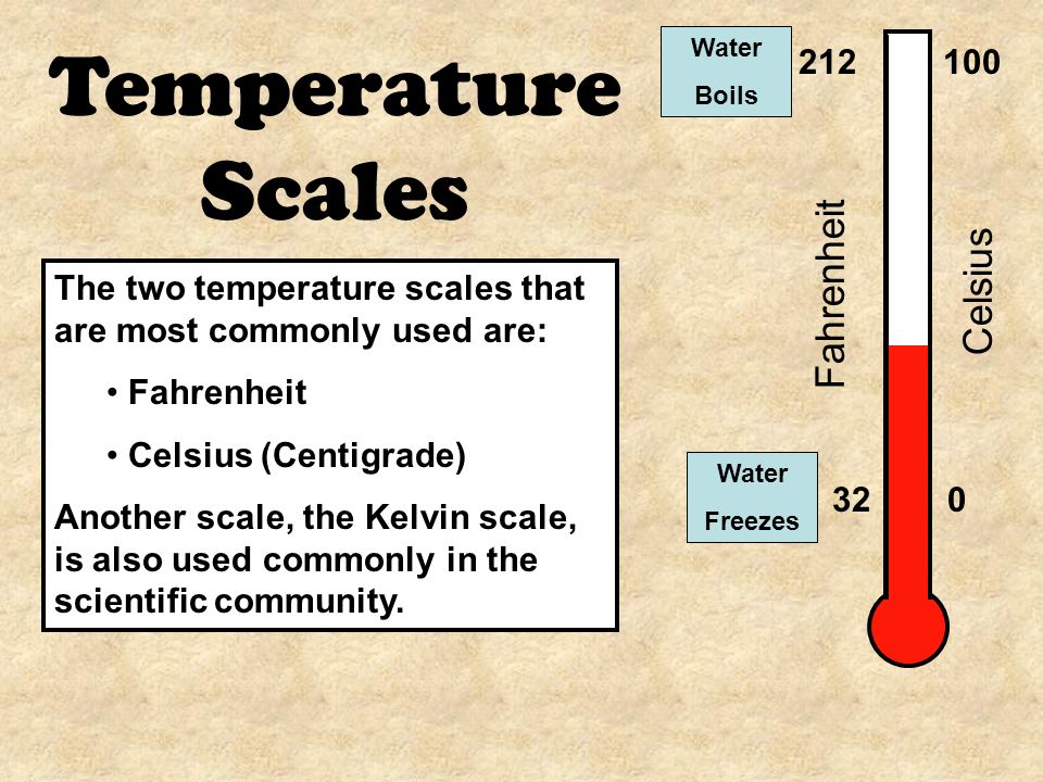 Temperature Scales The two temperature scales that are most commonly used are: Fahrenheit Celsius (Centigrade) Another scale, the Kelvin scale, is also used commonly in the scientific community.