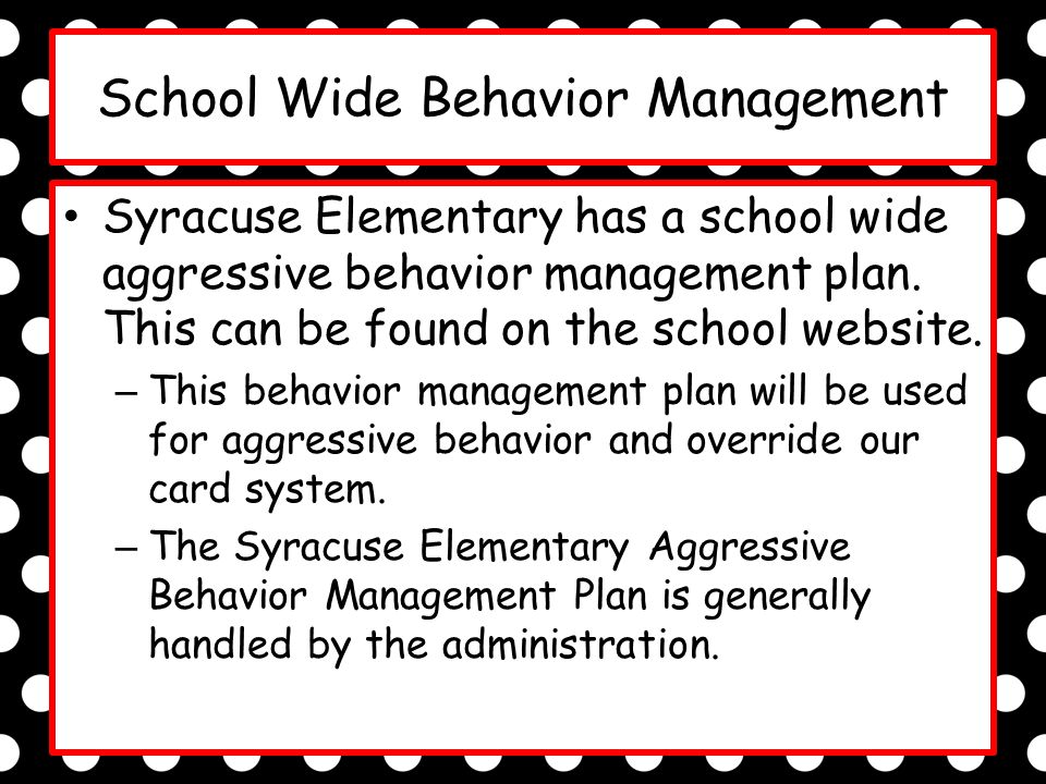 School Wide Behavior Management Syracuse Elementary has a school wide aggressive behavior management plan.
