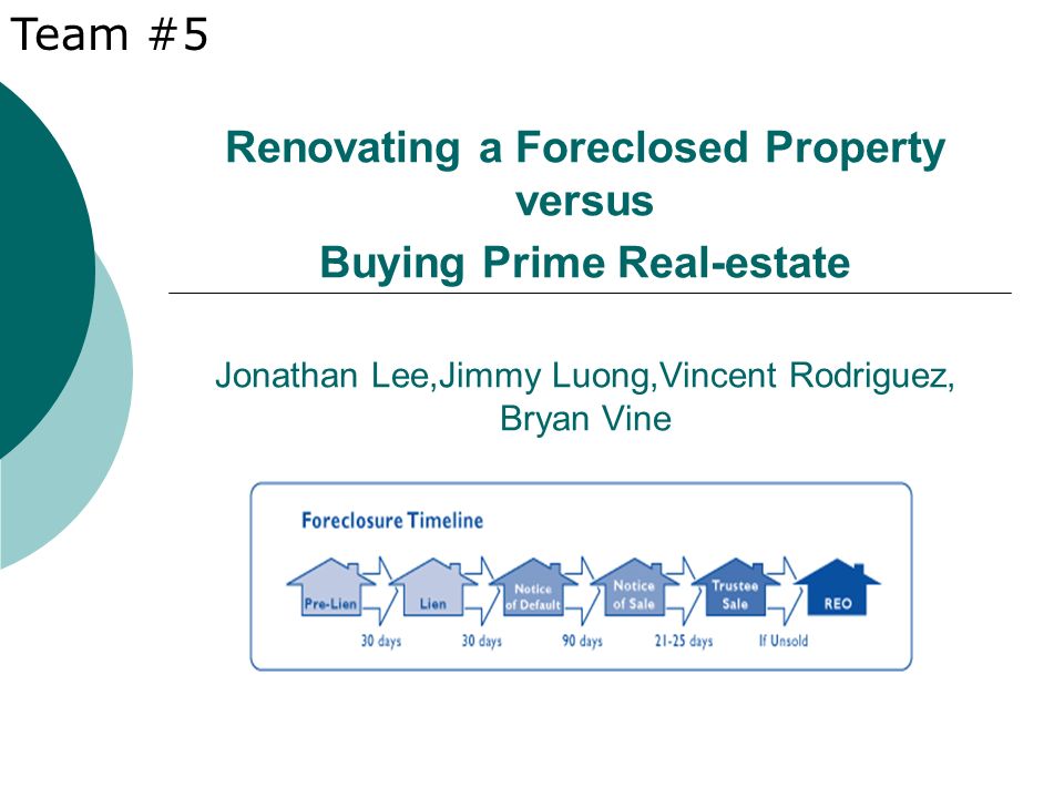 Renovating a Foreclosed Property versus Buying Prime Real-estate Jonathan Lee,Jimmy Luong,Vincent Rodriguez, Bryan Vine Team #5