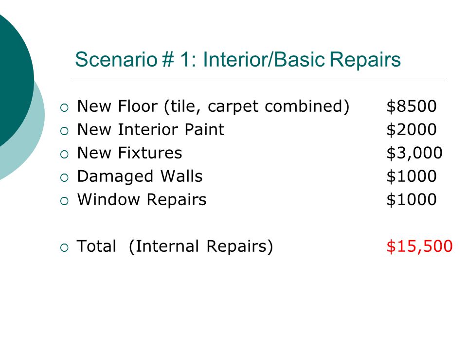 Scenario # 1: Interior/Basic Repairs  New Floor (tile, carpet combined) $8500  New Interior Paint $2000  New Fixtures $3,000  Damaged Walls $1000  Window Repairs $1000  Total (Internal Repairs) $15,500