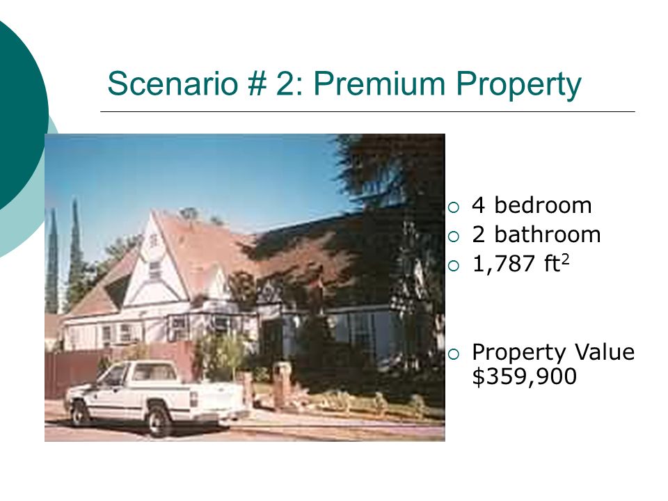 Scenario # 2: Premium Property  4 bedroom  2 bathroom  1,787 ft 2  Property Value $359,900