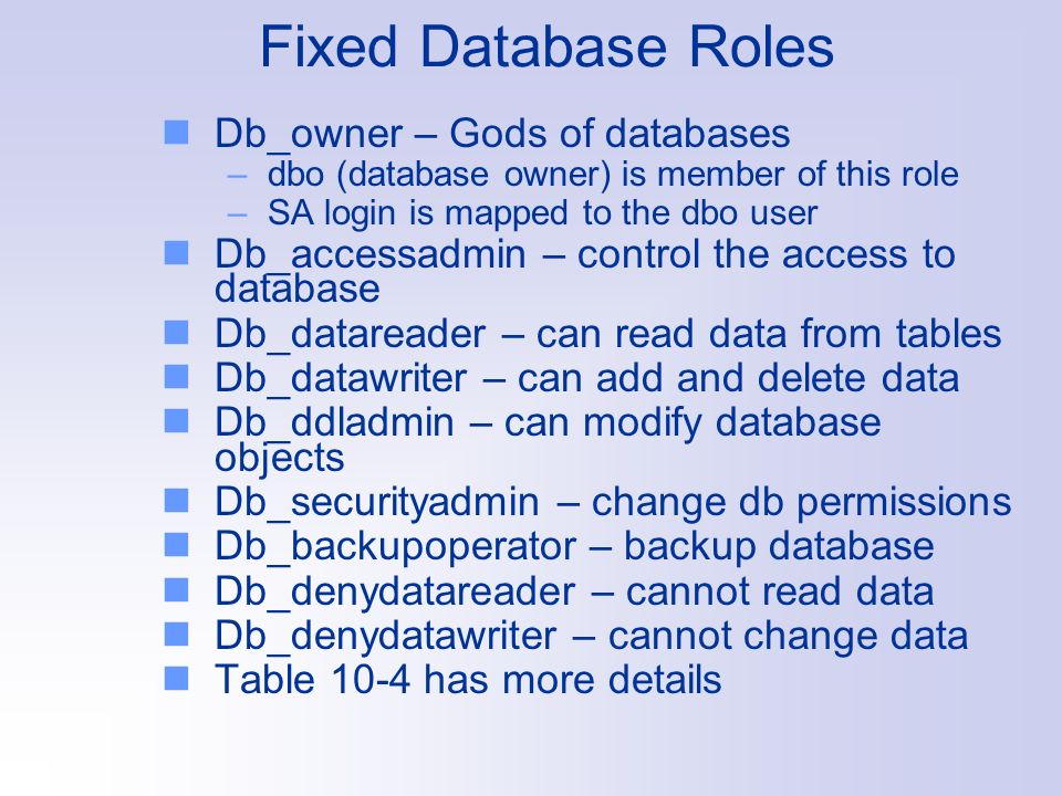 Fixed Database Roles Db_owner – Gods of databases –dbo (database owner) is member of this role –SA login is mapped to the dbo user Db_accessadmin – control the access to database Db_datareader – can read data from tables Db_datawriter – can add and delete data Db_ddladmin – can modify database objects Db_securityadmin – change db permissions Db_backupoperator – backup database Db_denydatareader – cannot read data Db_denydatawriter – cannot change data Table 10-4 has more details