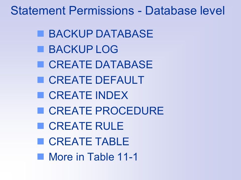 Statement Permissions - Database level BACKUP DATABASE BACKUP LOG CREATE DATABASE CREATE DEFAULT CREATE INDEX CREATE PROCEDURE CREATE RULE CREATE TABLE More in Table 11-1