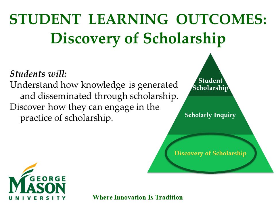 Where Innovation Is Tradition STUDENT LEARNING OUTCOMES: Discovery of Scholarship Students will: Understand how knowledge is generated and disseminated through scholarship.