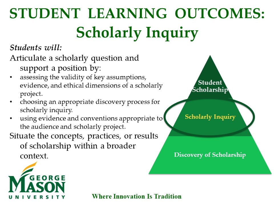 Where Innovation Is Tradition STUDENT LEARNING OUTCOMES: Scholarly Inquiry Students will: Articulate a scholarly question and support a position by: assessing the validity of key assumptions, evidence, and ethical dimensions of a scholarly project.