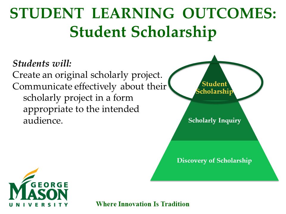 Where Innovation Is Tradition STUDENT LEARNING OUTCOMES: Student Scholarship Students will: Create an original scholarly project.