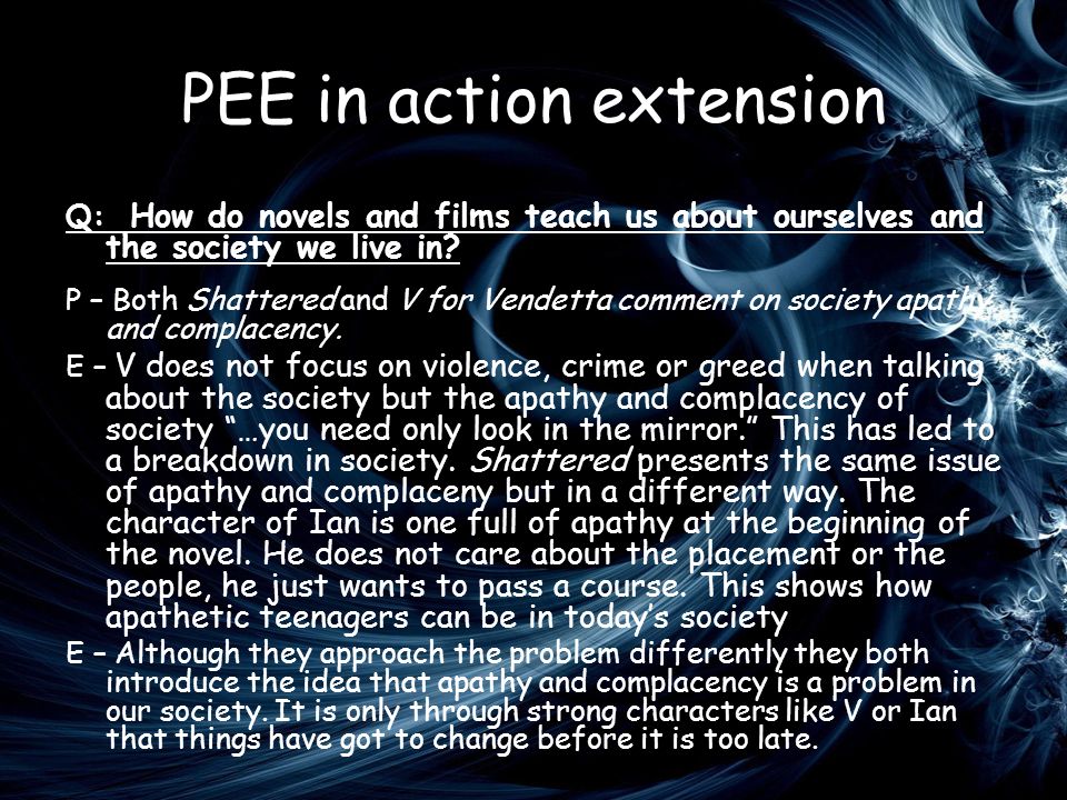 PEE in action extension Q: How do novels and films teach us about ourselves and the society we live in.