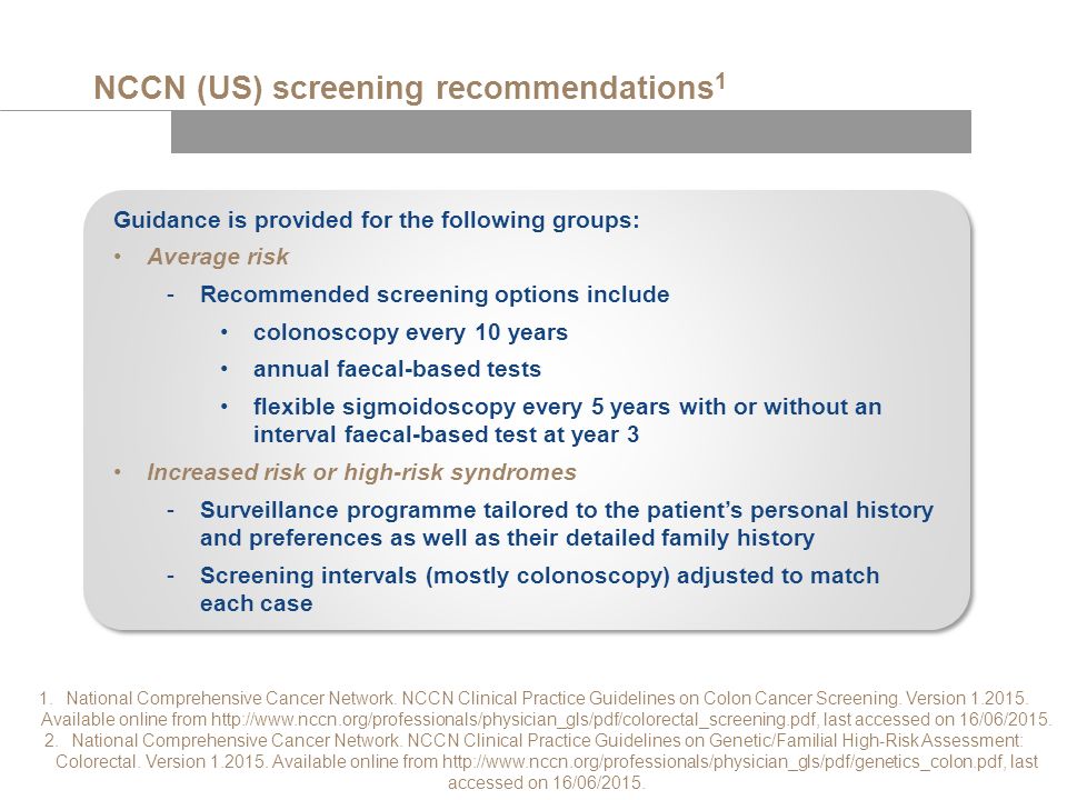 NCCN (US) screening recommendations 1 Guidance is provided for the following groups: Average risk -Recommended screening options include colonoscopy every 10 years annual faecal-based tests flexible sigmoidoscopy every 5 years with or without an interval faecal-based test at year 3 Increased risk or high-risk syndromes -Surveillance programme tailored to the patient’s personal history and preferences as well as their detailed family history -Screening intervals (mostly colonoscopy) adjusted to match each case 1.National Comprehensive Cancer Network.