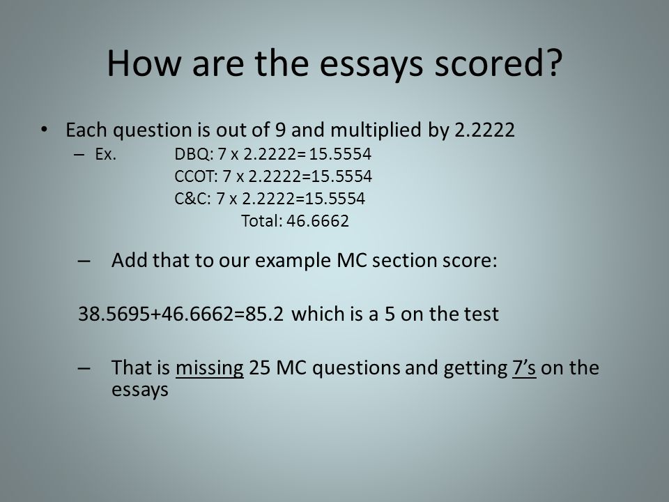 How are the essays scored. Each question is out of 9 and multiplied by – Ex.