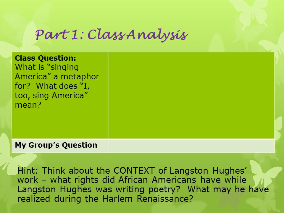 Part 1: Class Analysis Hint: Think about the CONTEXT of Langston Hughes’ work – what rights did African Americans have while Langston Hughes was writing poetry.