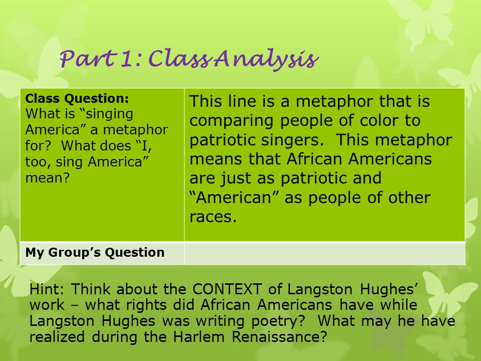 Part 1: Class Analysis Hint: Think about the CONTEXT of Langston Hughes’ work – what rights did African Americans have while Langston Hughes was writing poetry.