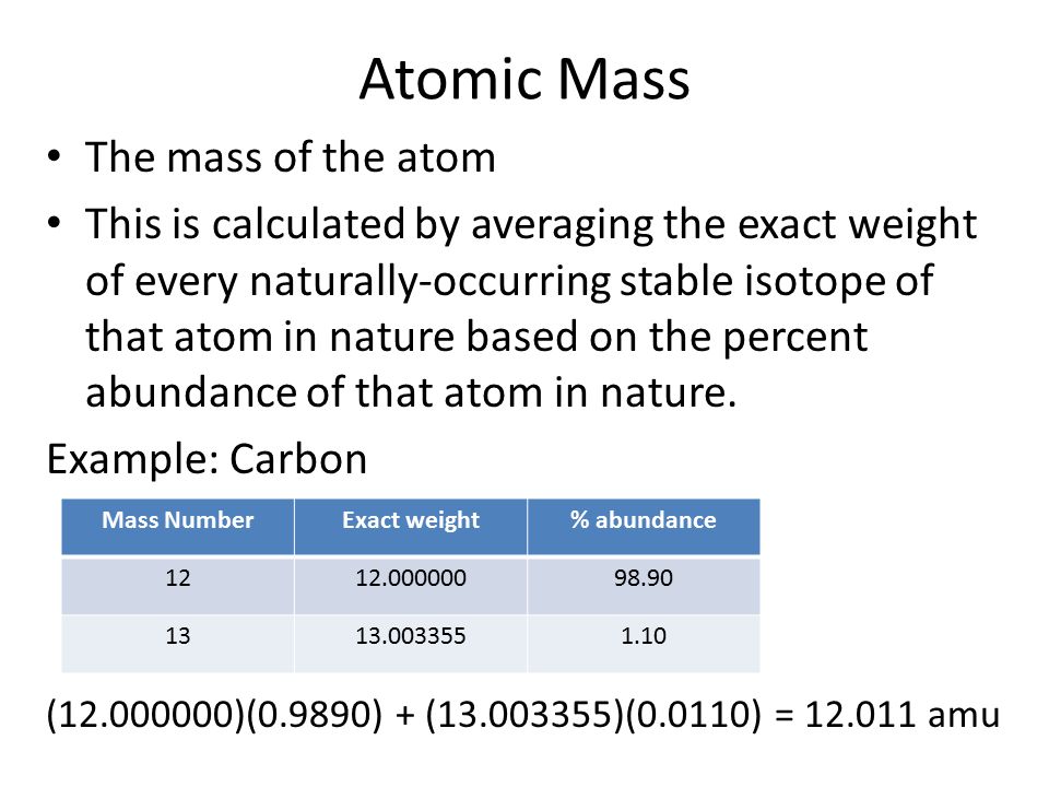 Atomic Mass The mass of the atom This is calculated by averaging the exact weight of every naturally-occurring stable isotope of that atom in nature based on the percent abundance of that atom in nature.