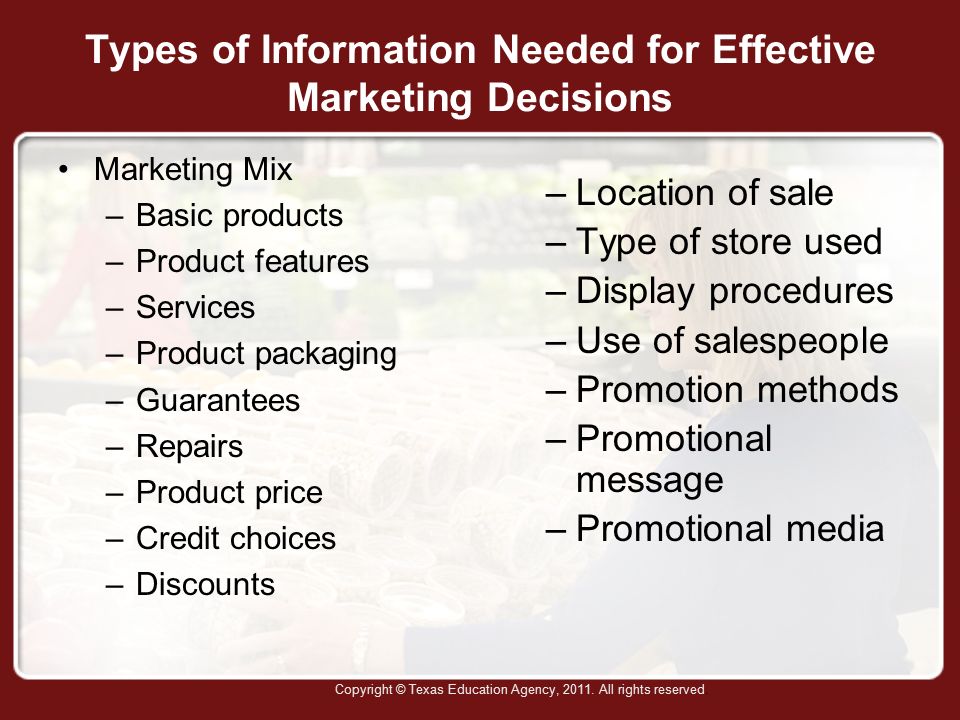 Types of Information Needed for Effective Marketing Decisions Marketing Mix –Basic products –Product features –Services –Product packaging –Guarantees –Repairs –Product price –Credit choices –Discounts –Location of sale –Type of store used –Display procedures –Use of salespeople –Promotion methods –Promotional message –Promotional media Copyright © Texas Education Agency, 2011.