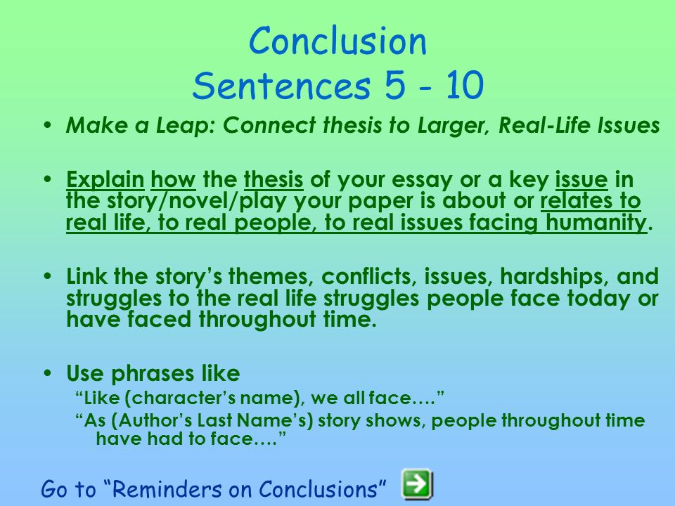 Conclusion Sentences 1, 2, 3, 4 Emphasize your main points & echo your thesis statement.