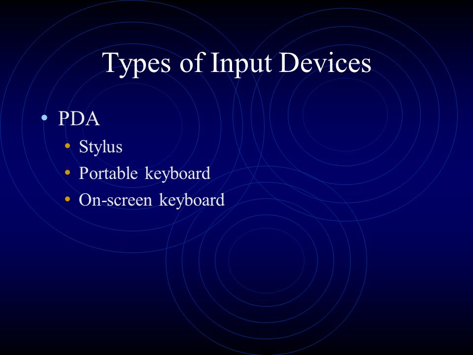 Types of Input Devices Input Devices for Mobile Users PDA Tablet PC Smart Phone