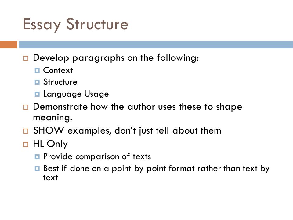 Essay Structure  Develop paragraphs on the following:  Context  Structure  Language Usage  Demonstrate how the author uses these to shape meaning.