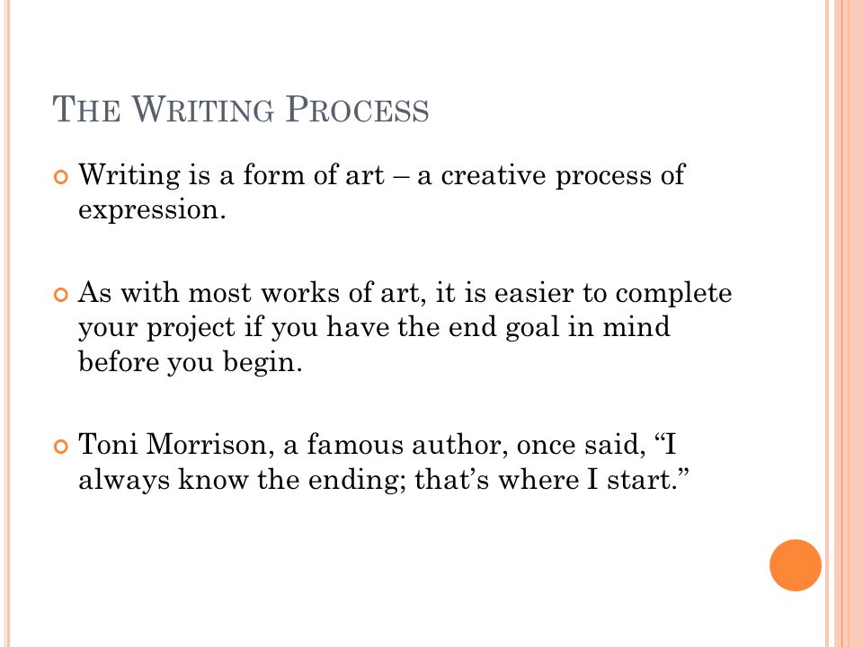 T HE W RITING P ROCESS Writing is a form of art – a creative process of expression.