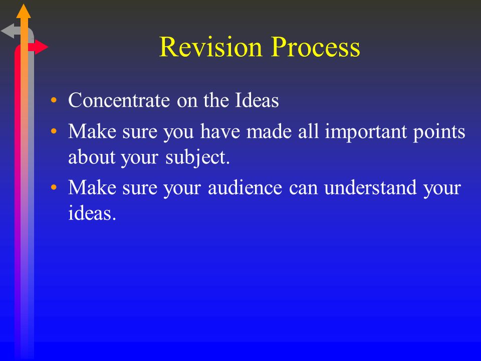 Revision Process Concentrate on the Ideas Make sure you have made all important points about your subject.