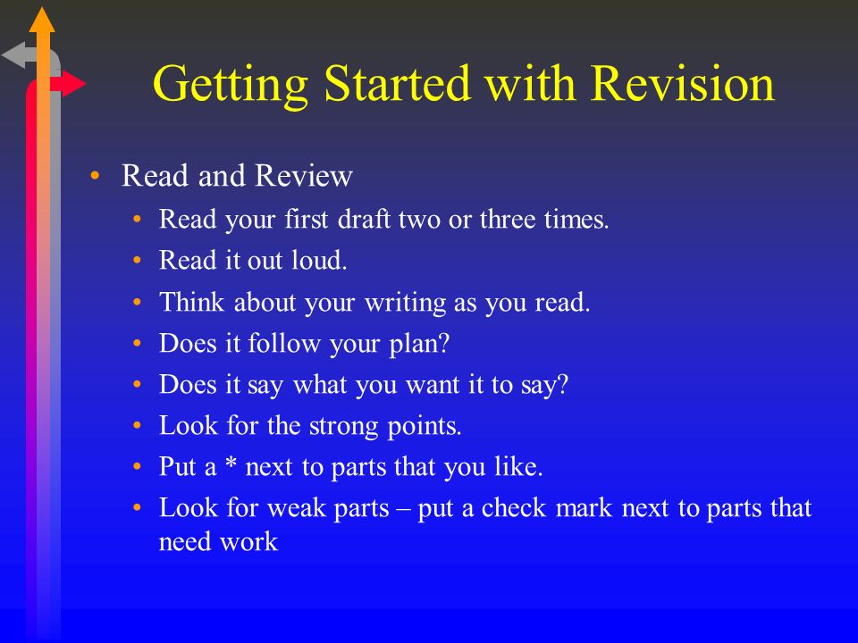 Getting Started with Revision Read and Review Read your first draft two or three times.