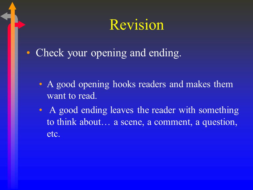 Revision Check your opening and ending. A good opening hooks readers and makes them want to read.