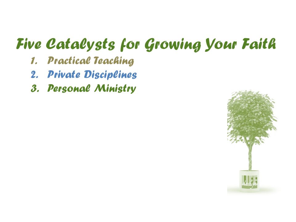 Five Catalysts for Growing Your Faith 1.Practical Teaching 2.Private Disciplines 3.Personal Ministry