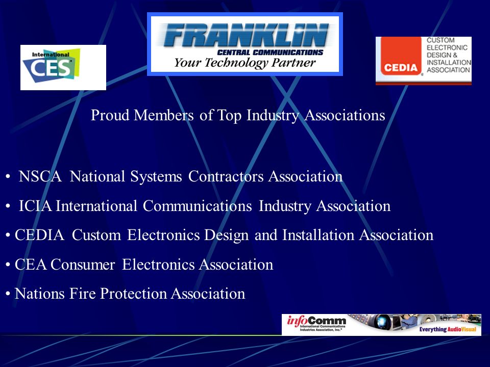 NSCA National Systems Contractors Association ICIA International Communications Industry Association CEDIA Custom Electronics Design and Installation Association CEA Consumer Electronics Association Nations Fire Protection Association Proud Members of Top Industry Associations