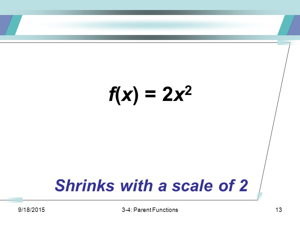 9/18/ : Parent Functions13 f(x) = 2x 2 Shrinks with a scale of 2
