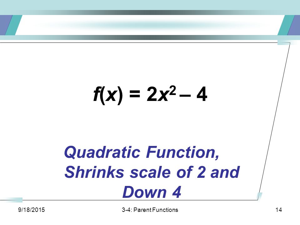 9/18/ : Parent Functions14 f(x) = 2x 2 – 4 Quadratic Function, Shrinks scale of 2 and Down 4