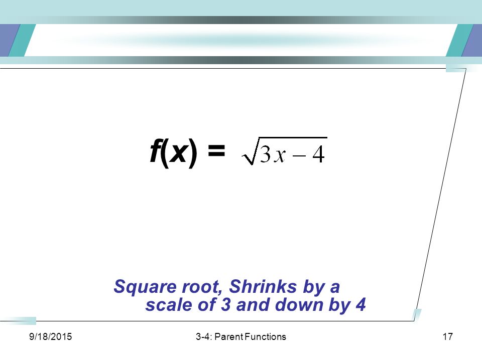 9/18/ : Parent Functions17 f(x) =. Square root, Shrinks by a scale of 3 and down by 4