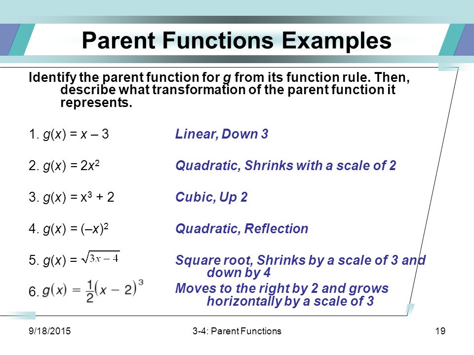 9/18/ : Parent Functions19 Parent Functions Examples Identify the parent function for g from its function rule.