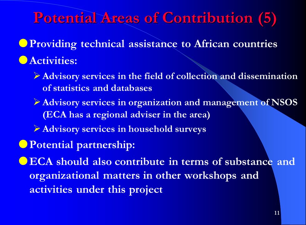 11 Potential Areas of Contribution (5)  Providing technical assistance to African countries  Activities:  Advisory services in the field of collection and dissemination of statistics and databases  Advisory services in organization and management of NSOS (ECA has a regional adviser in the area)  Advisory services in household surveys  Potential partnership:  ECA should also contribute in terms of substance and organizational matters in other workshops and activities under this project