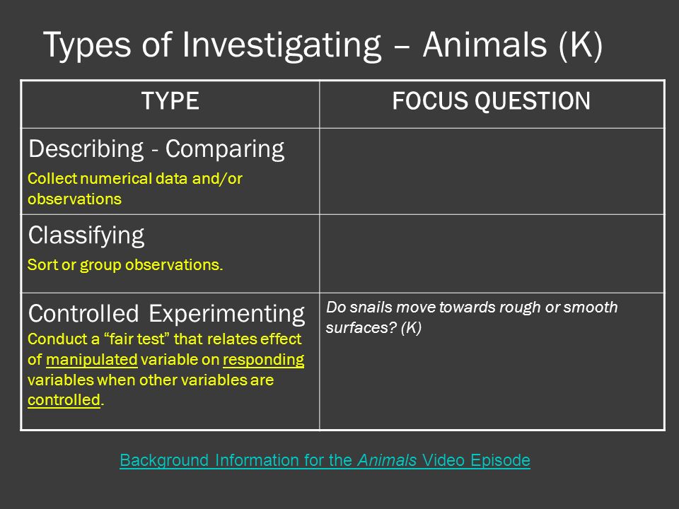 Types of Investigating – Animals (K) TYPEFOCUS QUESTION Describing - Comparing Collect numerical data and/or observations Classifying Sort or group observations.