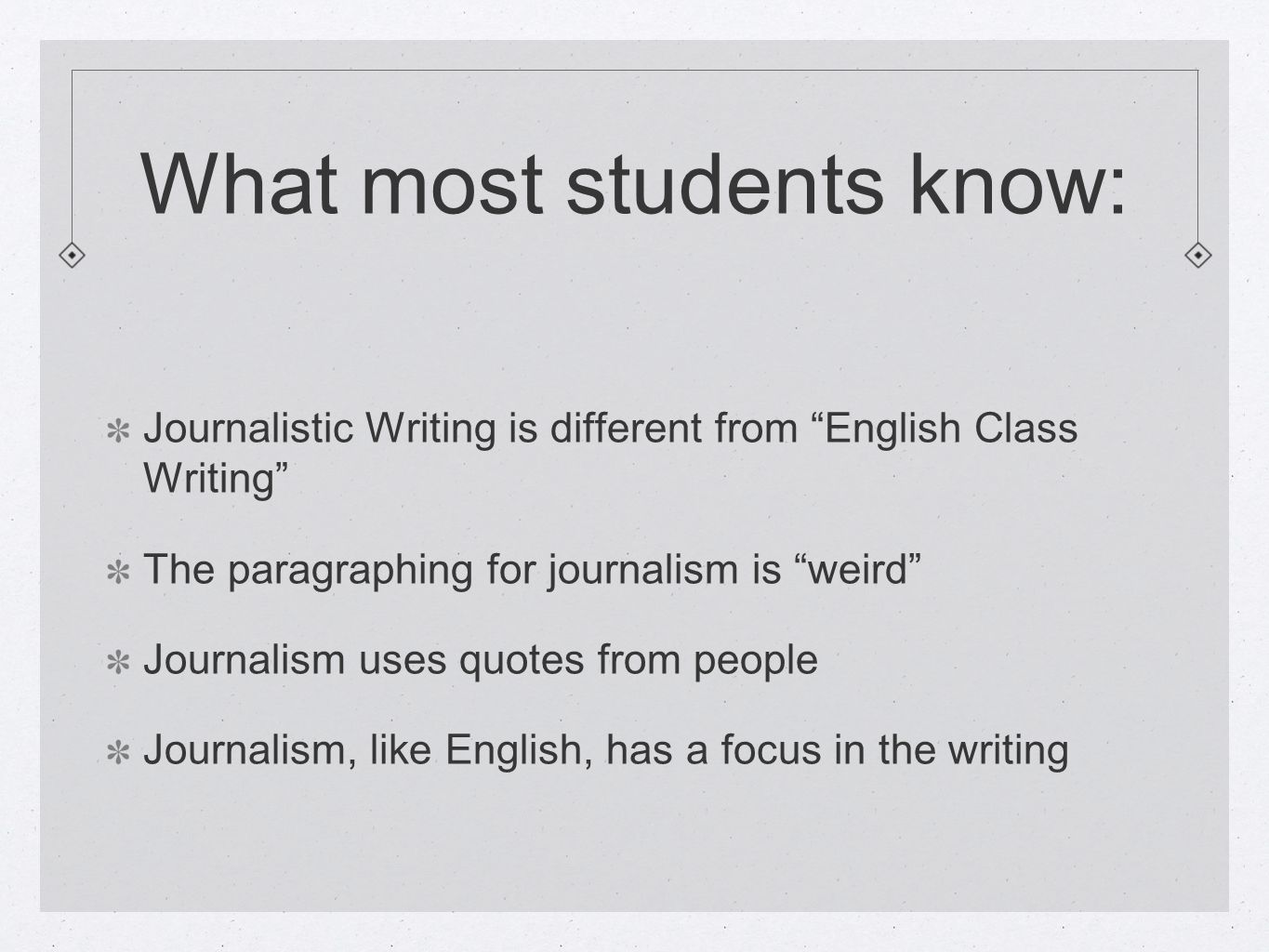 What most students know: Journalistic Writing is different from English Class Writing The paragraphing for journalism is weird Journalism uses quotes from people Journalism, like English, has a focus in the writing